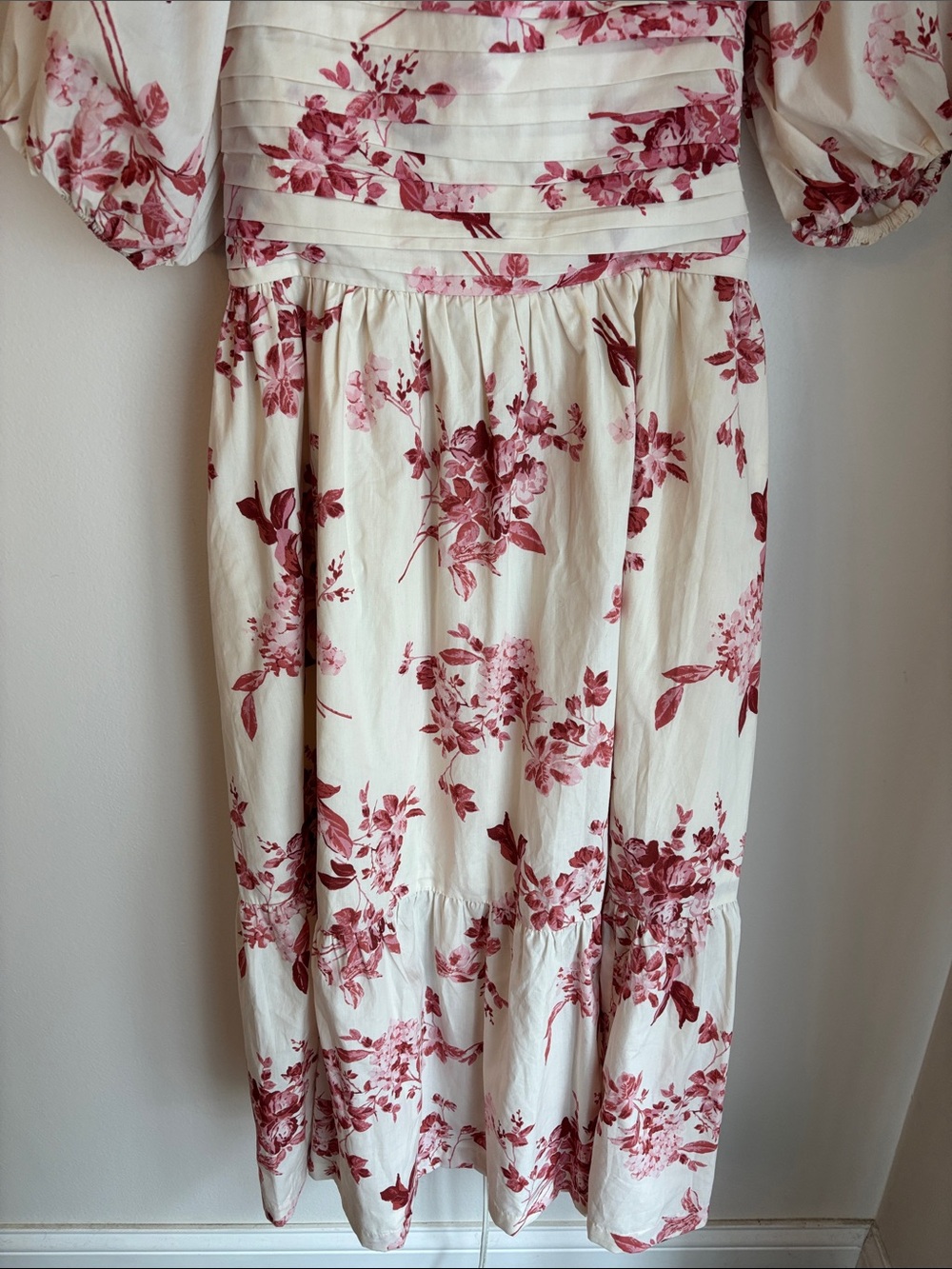 Abercrombie Emerson poplin Floral Puff-Sleeve Midi Dress Cream Rose Women LG EUC - Picture 5 of 12
